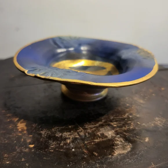 Vintage Studio Pottery Matte Blue and Gold Signed Trinket Dish - Picture 2 of 10